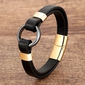Detail of black braided leather bracelet with gold magnetic clasp on wooden surface - Gold-H (Gray Ring)