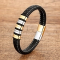 Detail eines gewebten schwarzen Lederarmband mit Magnetverschluss in Gold und Silber - Gold- und Silberfarbene Metallringe (SL-117-1)