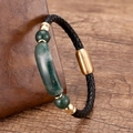 Men's braided black leather bracelet with green natural stone and gold magnetic clasp - Gold-Green Stone
