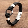 Close-up of double-layer black braided leather bracelet with silver magnetic metal clasp - Silver-A (Silver Ring)