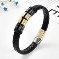 Detail of woven leather bracelet with metal paw print beads and magnetic clasp - Gold & Black Two-Tone Paw Print Hollow Decorative Style (Style-6)