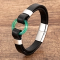 Detail of black braided leather bracelet featuring green agate ring and silver magnetic clasp - Silver-C (Translucent Green Ring)