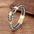 Handmade woven leather bracelet with checkered pattern and gold metallic clasp for men - Black and White Checkered Style (Style-5)