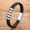 Men's braided black leather bracelet with silver metal rings and magnetic clasp - Silver Metal Rings (SL-117-5)