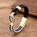 Braided leather bracelet with black and checkered pattern and golden magnetic clasp - Black and Plaid Color Block (Style-6)