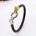 Herren Vintage Lederarmband geflochten mit doppelten Tierkopf Metallverschlüssen in Gold Silber - Gold und Silber Wolfskopf (款式-1)