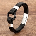 Detail view of multi-layer black braided leather bracelet with silver metal magnetic clasp - Silver-E (Black Ring)