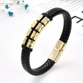 Pulsera clásica de cuero trenzado negro para hombre con seis detalles en metal dorado - Hebilla Deslizante Cuadrada de Espejo Dorado (款式-2)
