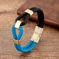 Detail of blue and black braided leather bracelet with polished gold metal clasp and links - Black and Sky Blue Color Block (Style-7)
