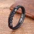 Dubbellaagse gevlochten leren armband met stenen kralen en magnetische stalen sluiting - Zwarte Ronde Kralen Stijl (款式-1)