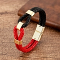 Detail of red and black braided leather bracelet with gold magnetic metal clasp - Black and Red Color Block (Style-3)