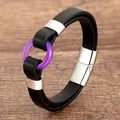 Detail of black leather braided bracelet with purple resin ring and silver magnetic clasp - Silver-H (Purple Ring)