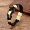 Detail of black woven leather bracelet with polished gold magnetic clasp on wood - Black Style (Style-2)
