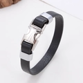 Bracciale vintage in pelle nera da uomo con fibbia industriale in metallo argentato - Fibbia Argento