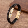 Bracelet pour homme en cuir tressé noir avec fermoir magnétique doré et perles - Style Perle en Verre Blanc Dorée