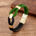 Detail of green and black braided leather bracelet with golden magnetic clasp on wood - Green and Black Color Block (Style 1)