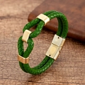 Detail of green leather woven bracelet with gold polished magnetic metal closure - Bright Green Style (Style-11)