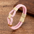 Detail of pink woven leather bracelet featuring polished gold buckles and a magnetic clasp - Pink Style (Style-13)