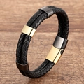 Handcrafted double-layer braided black leather bracelet with sleek gold and black metal clasp - Gold and Black Buckle Black Braided Leather
