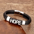 Classic woven black leather bracelet with silver HOPE letter charm and magnetic clasp - Silver-HOPE