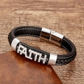 Κλασικό μαύρο δερμάτινο βραχιόλι με γούρι FAITH και ασημένιο μαγνητικό κούμπωμα - Ασημί-FAITH