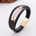 Detail of multi-layer braided leather bracelet with pink beads and magnetic gold clasp - Rose Quartz Style
