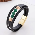 Detail view of multi-layer leather bracelet with green beads and gold magnetic clasp - Green Agate Style