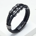 Pulsera de hombre en cuero trenzado negro de doble capa con anillos y cierre magnético - Detalles Negro Grisáceo (Style-3)