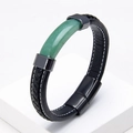 Detail of men's leather bracelet with green stone inlay on a white platform - 23CM / Green Aventurine Style (Style-4)