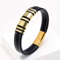 Close-up of black leather bracelet with gold magnetic clasp and white contrast stitching - Black Lychee Grain with Gold Buckle (Black-5)