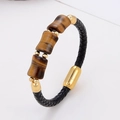Detailansicht von geflochtenem Lederarmband mit Tigerauge Perlen und Magnetverschluss - Bambus Tigerauge - Gold Magnetverschluss (款式-4)