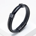 Men's double-layered black leather bracelet with magnetic clasp and woven design elements - 23CM / Classic All Black Style (Style-5)