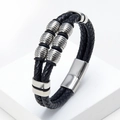 Pulsera de hombre en cuero trenzado negro de doble capa con cuentas de acero y cierre magnético - Diseño de cuero negro con cuentas plateadas (Estilo-3)