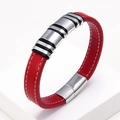 Classic braided red leather bracelet with polished stainless steel magnetic clasp for men - Red Leather Silver Ring (Red-1)