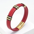 Pulsera clásica de cuero trenzado rojo con pespuntes blancos y cierre magnético de acero dorado - Rojo-1