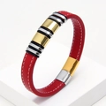 Detail of red braided leather bracelet with silver and gold metal cylinder accents - Red Leather Gold & Silver Hoop (Red-2)