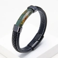 Close-up of black braided leather bracelet with natural green stone and magnetic clasp - 23CM / Mottled Green Stone Style (Style-7)