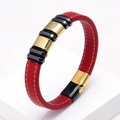 Detail of red braided leather bracelet with white stitching and magnetic gold metal clasp - Red Lychee Pattern Gold & Gunmetal Ring (Red-3)