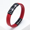 Detail showing red woven leather texture with white stitching and gunmetal magnetic clasp - Red Leather Gunmetal Ring (Red-4)