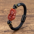 Ethnic braided leather bracelet with red PiXiu charm and magnetic clasp on wood - Red Agate Texture Style (Style-1)