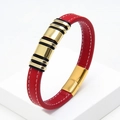 Detail of red braided leather bracelet featuring golden metal tubes and magnetic clasp - Red Leather Gold Buckle (Red-5)