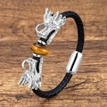 Heren lederen armband met zilveren drakenkoppen en gele tijgeroog stenen kraal - Zilveren Drakenkop Tijgeroog Stijl (款式-1)