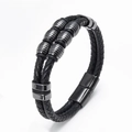 Pulsera de doble capa de cuero trenzado negro para hombre con cuentas metálicas grises y cierre magnético - Cuero Negro y Cuentas Gunmetal (Estilo-4)