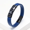 Classic braided royal blue leather bracelet for men with gun black rings and magnetic clasp - Blue Leather Gunmetal Ring (Blue-2)