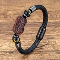 Ethnic braided leather bracelet with stone Pi Xiu charm and magnetic steel clasp - Deep Red Pixiu Style (Style 4)