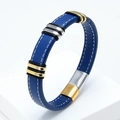 Pulsera de cuero azul con cierre magnético bicolor oro y plata y detalles de costura blanca - Azul-4