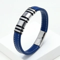 Detailed macro view of blue textured leather bracelet with stainless steel magnetic buckle - Blue Lychee Texture Silver Ring (Blue-5)