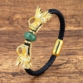 Close-up of men's braided leather bracelet featuring golden dragon heads and a green bead - Green Agate Golden Dragon Head Style (Style-5)
