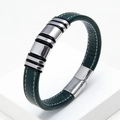 Detail of dark green braided leather bracelet with silver metal rings and magnetic clasp - Green Leather Silver Ring (Green-2)