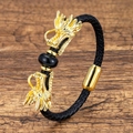 Close-up of golden dragon heads and black stone on braided leather bracelet for men - Black Round Beads Golden Dragon Head Style (Style-6)